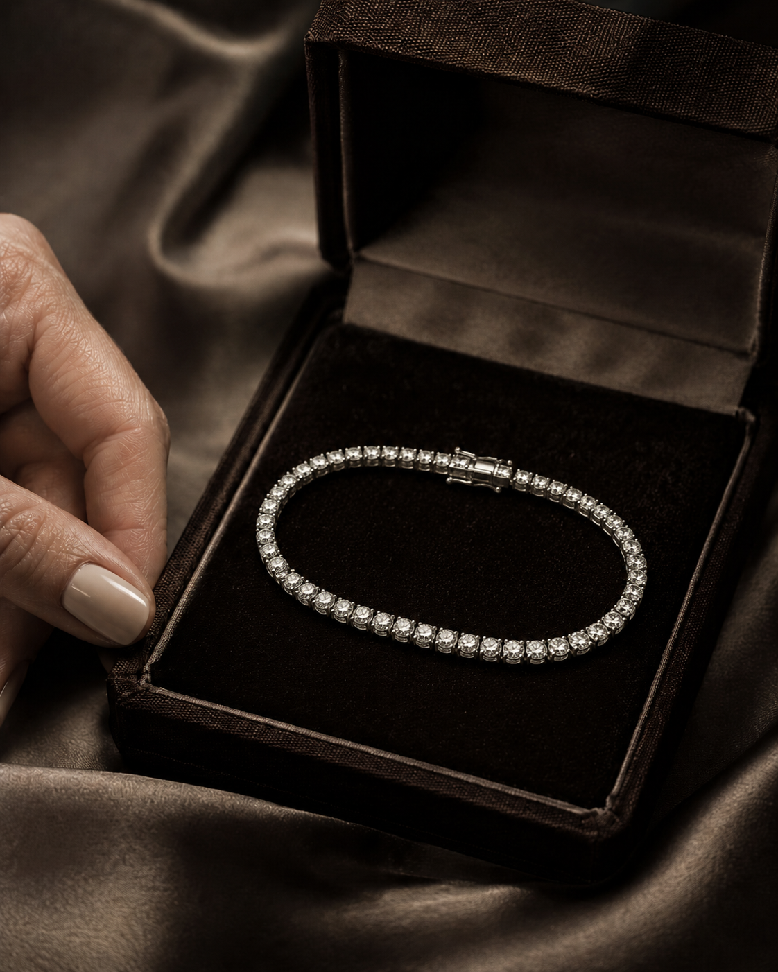 Brazalete de diamantes dentro de un estuche de joyería oscuro